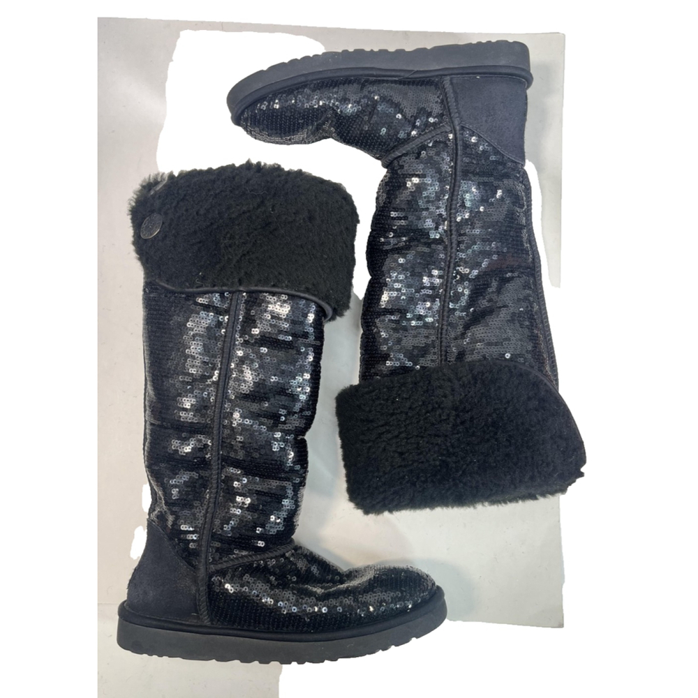 UGG Black Tall Over Knee High Sequin Shearling Button‎ Boots Womens Size 7 Rare - Picture 15 of 16